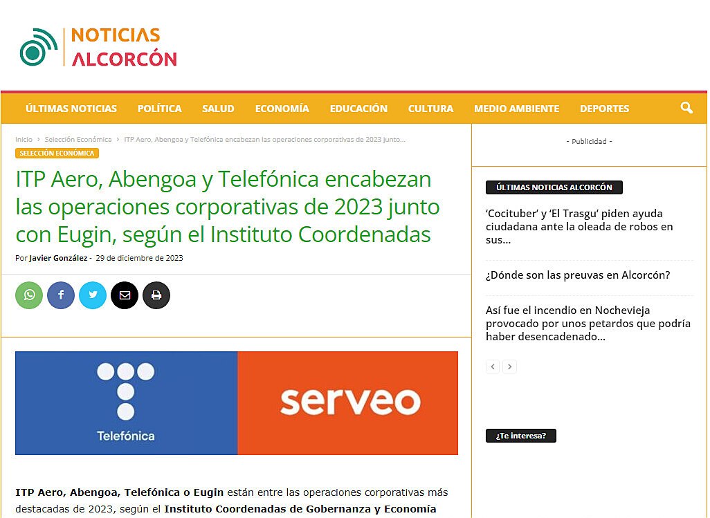 ITP Aero, Abengoa y Telefnica encabezan las operaciones corporativas de 2023 junto con Eugin, segn el Instituto Coordenadas